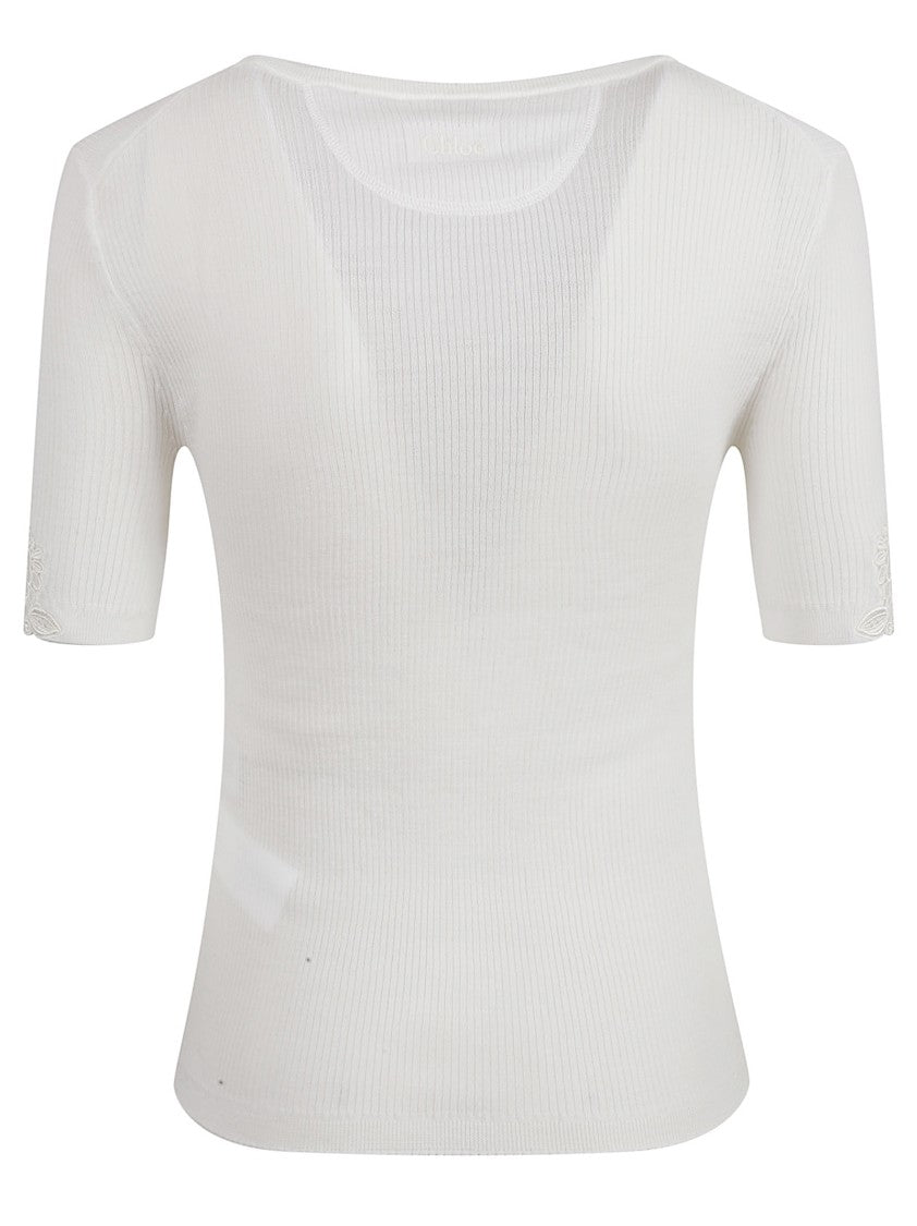 Chloé Ribbed Wool Top With Floral Lace Trim