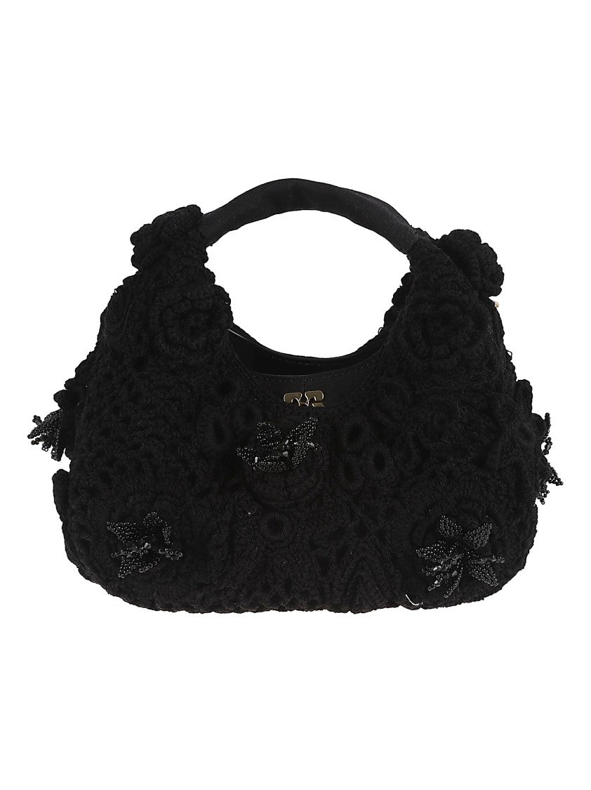 Ganni Beaded Crochet Handbag With Leather Accents