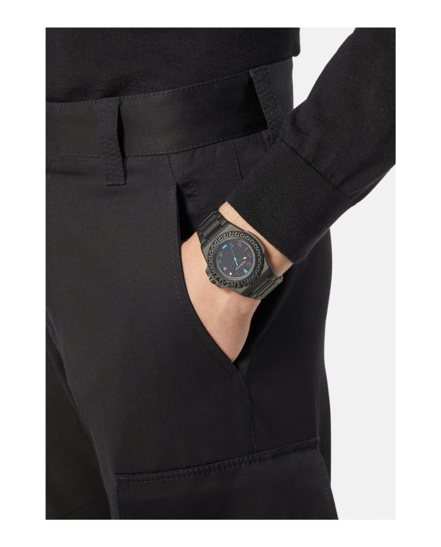 Versace Greca Reaction Bracelet Watch With Textured Black Guilloche Dial