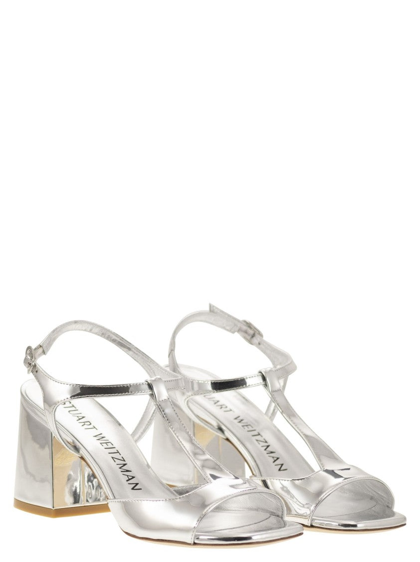Stuart Weitzman Flareblock - Mirrored Leather T-Sandal