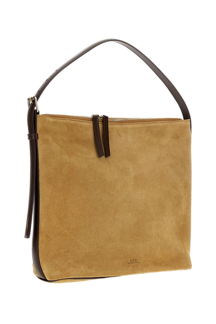 A.P.C. Beige Suede Leather Shoulder Bag With Adjustable Strap And Gold Accents