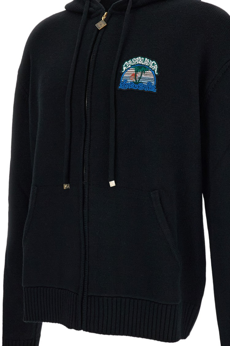 Casablanca Zip-Up Knit Hoodie With Jacquard Palm Tree Motif