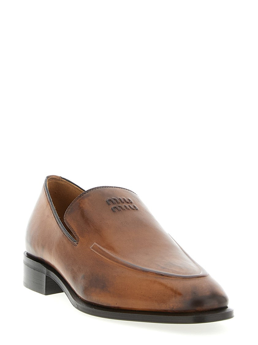 Miu Miu Hand-Waxed Calf Leather Loafers With Elongated Silhouette