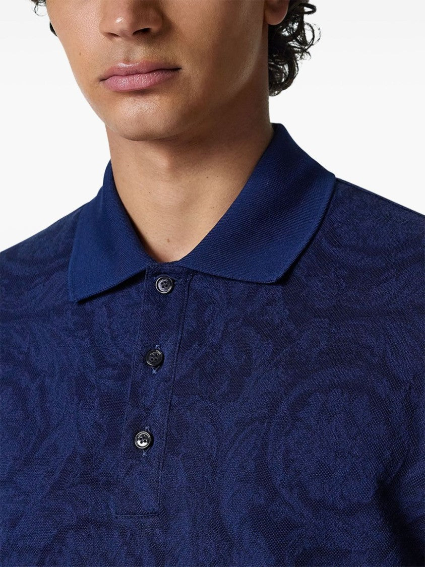 Versace Deep Blue Barocco Print Piqué Polo
