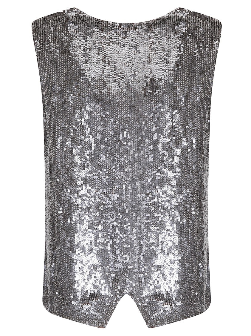 P.A.R.O.S.H. Silver Sequined Vest With Deep V-Neckline