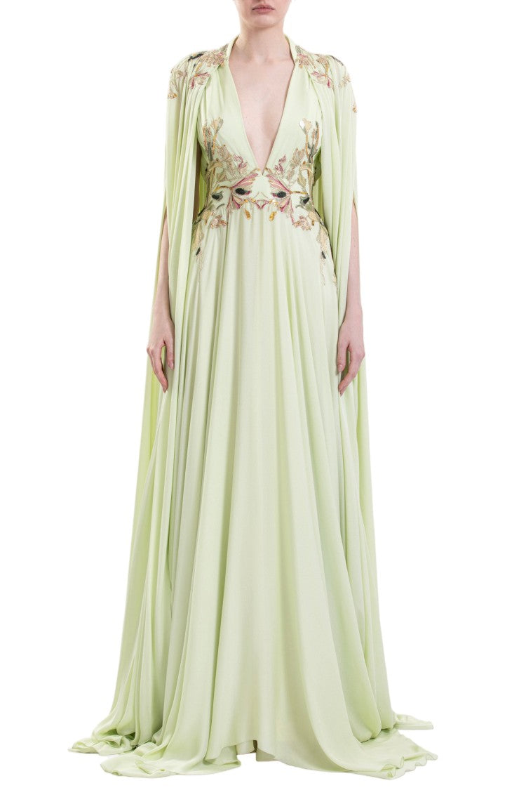 Saiid Kobeisy Reed-Colored Crepe Maxi Dress With Elegant Cape And Embroidery