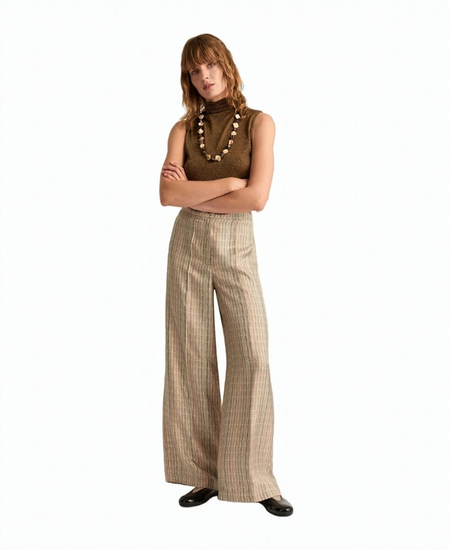 Momonì Printed Pure Silk Twill Mother-Of-Pearl Wide-Leg Trousers