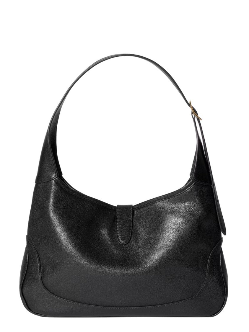Gucci Curved Black Goat Leather Handbag With Gold-Tone Clasp