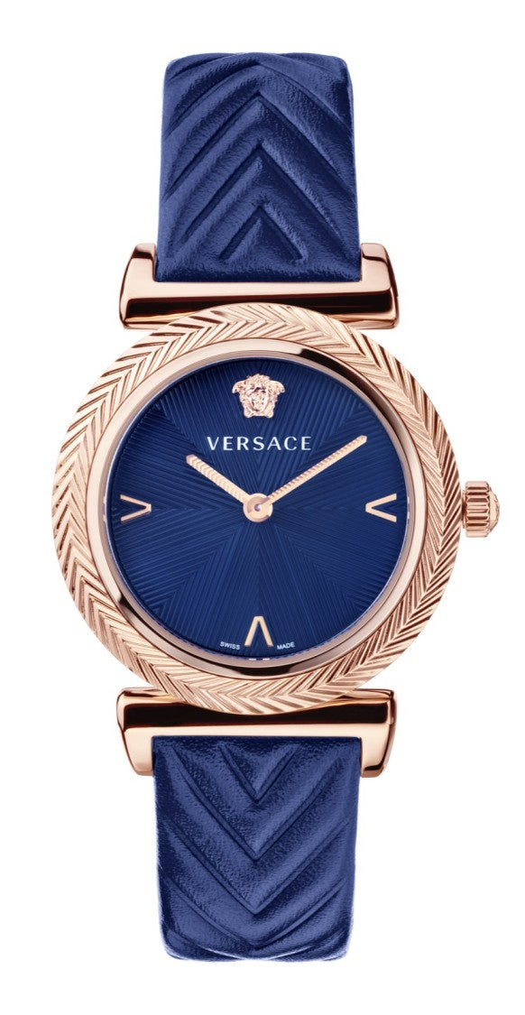 Versace 35Mm Rose-Gold Tone Versace V-Motif Watch With Blue Dial
