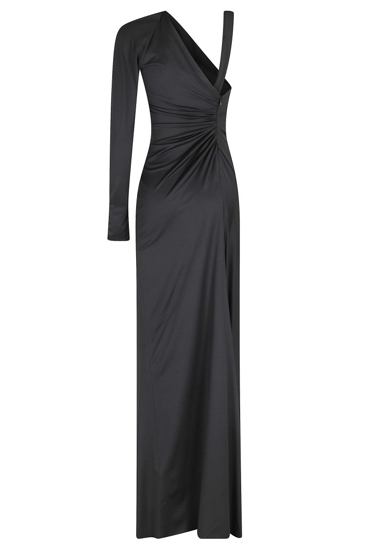 Victoria Beckham Black One-Shoulder Draped Train Polyester Maxi Dress