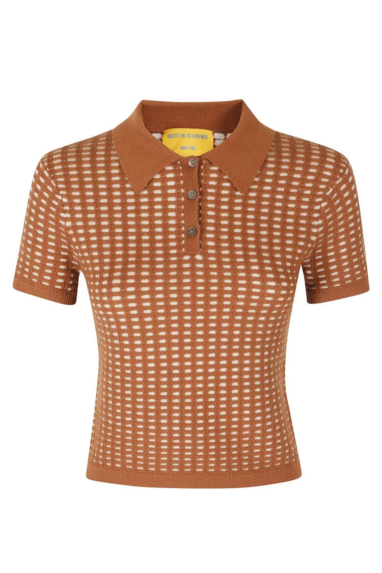 Guest In Residence Brown Shrunken Waffle Cropped Cashmere Polo Shirt
