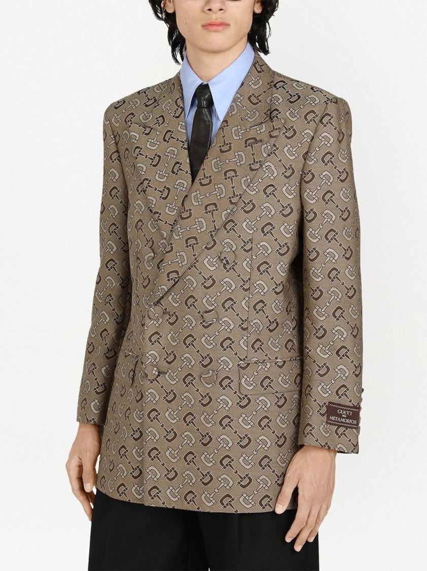 Gucci Double-Breasted Beige Jacket With Jacquard Motif