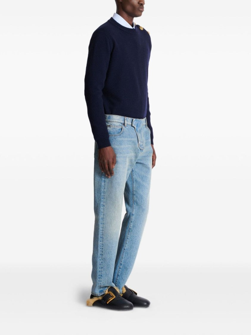 Balmain Blue Whiskering Straight-Leg Jeans