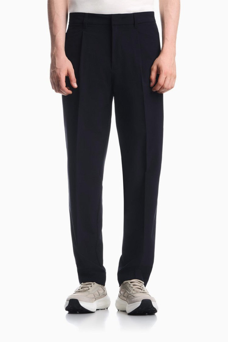 Emporio Armani Navy Pleated Tapered Viscose-Blend Pants