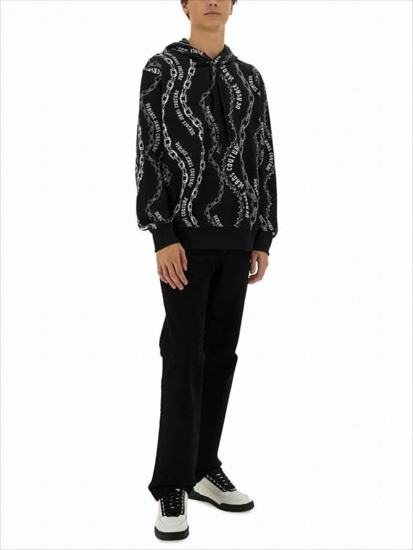 Versace Graphically Printed Black Hoodie With Drawstring And Ribbed Details
