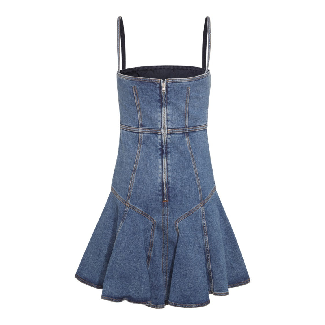 Alexander Mcqueen Flared Denim Mini Dress With Square Neckline And Peplum Hem