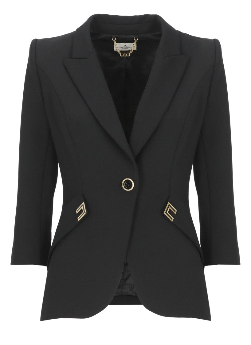 Elisabetta Franchi Black Peak Lapel Logoed Blazer