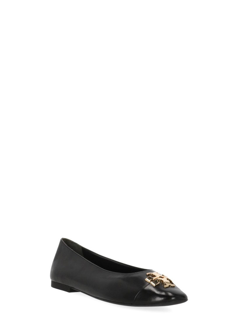 Tory Burch Black Pointed Toe Gold Emblem Leather Flats