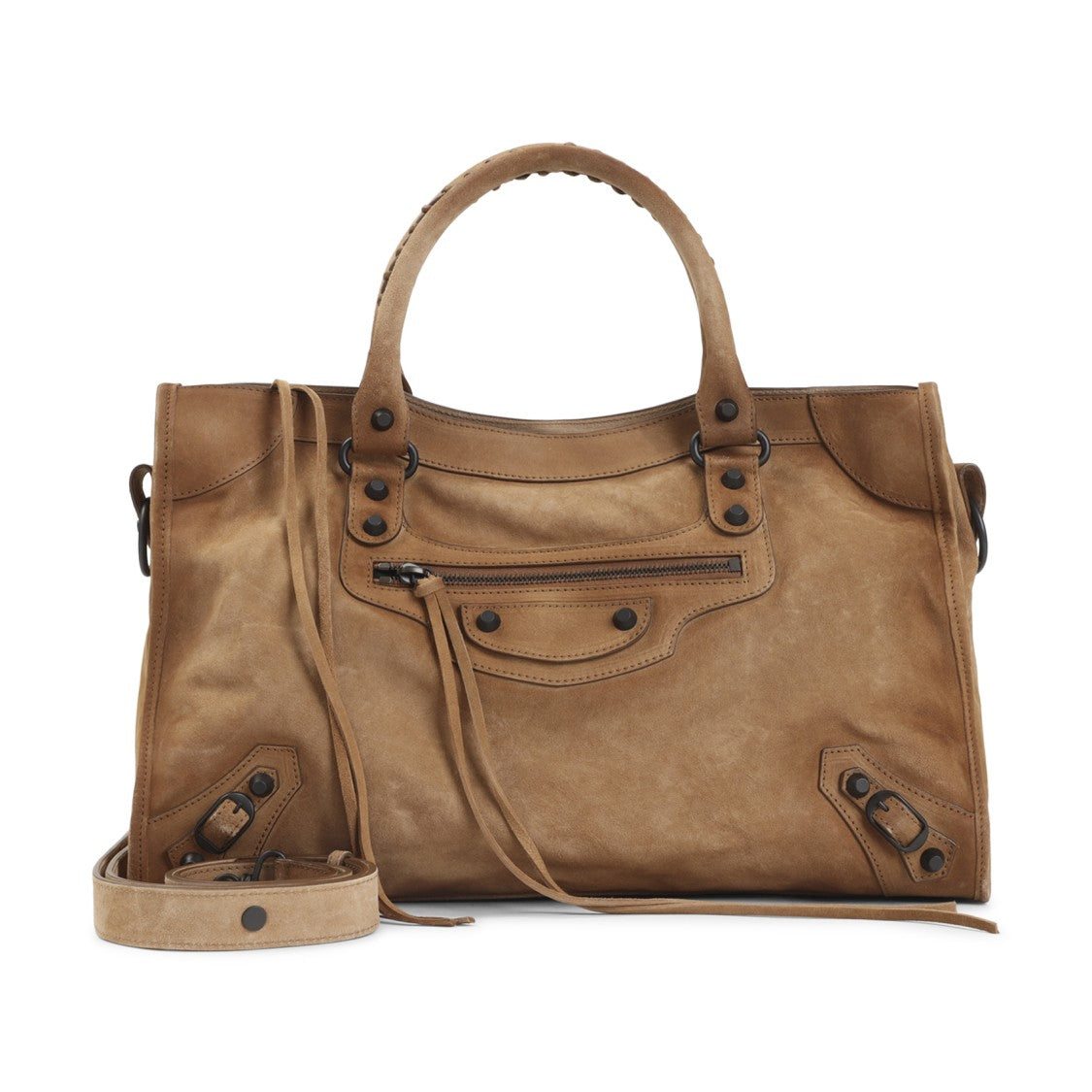 Balenciaga Camel Suede Shoulder Bag With Braided Handles