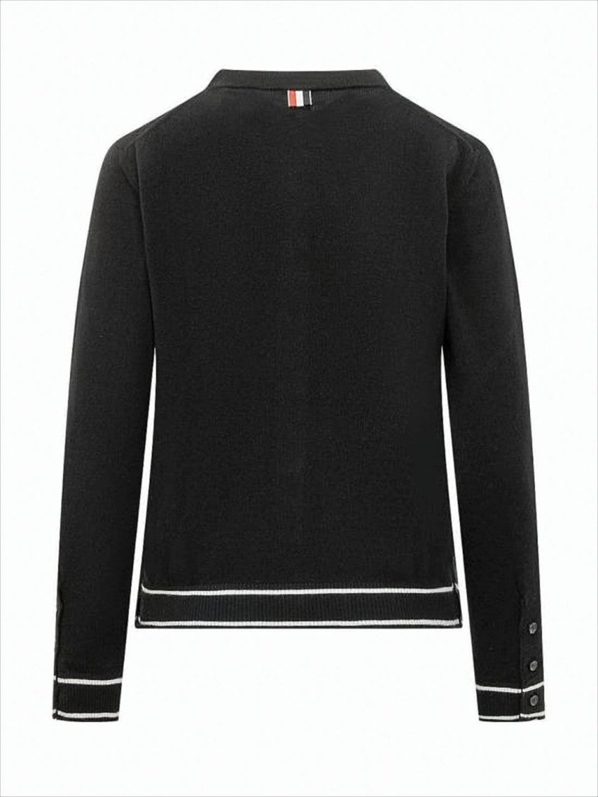 Thom Browne Black Wool Knit Cardigan With Openwork Pattern And Playful Embroidery