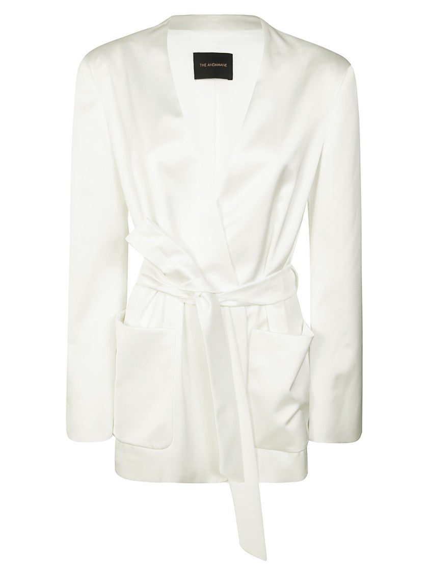 The Andamane Minimalist Satin-Finish Blazer With Self-Tie Belt