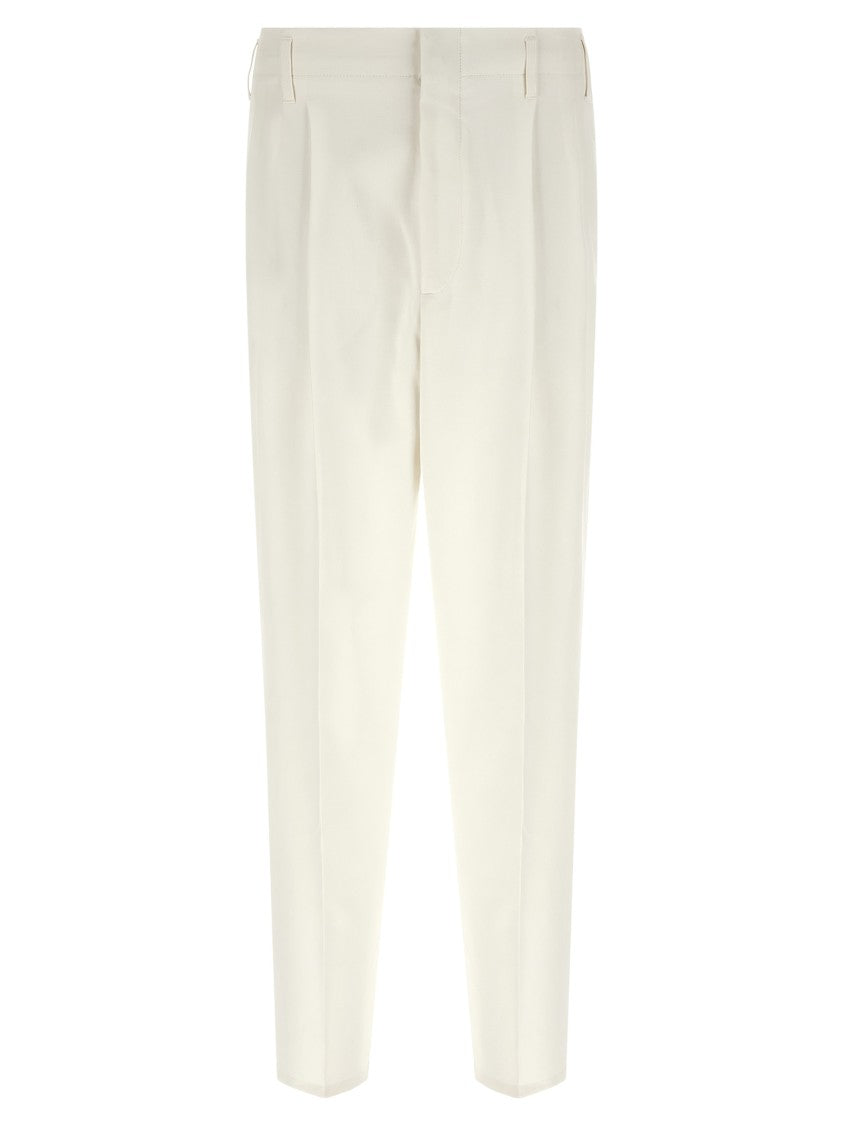 Brunello Cucinelli Tapered White Cotton Trousers With High Waist And Pleated Front