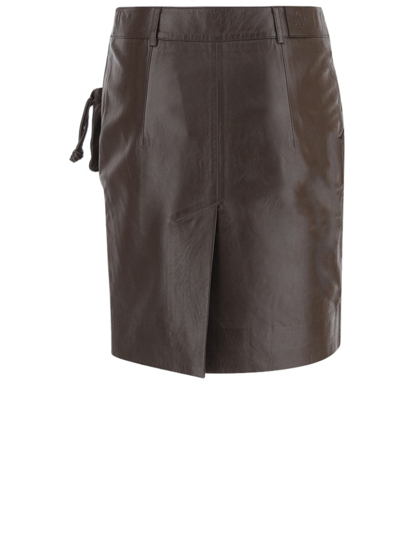 The Garment Brown Leather Skirt With Invisible Zipper And Removable Pouch