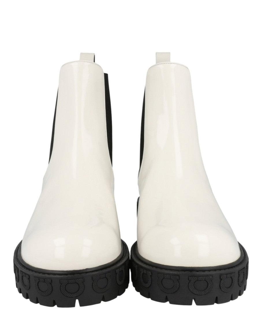 Ferragamo Varsi Patent Leather Bootie With Block Heel And Studded Accent