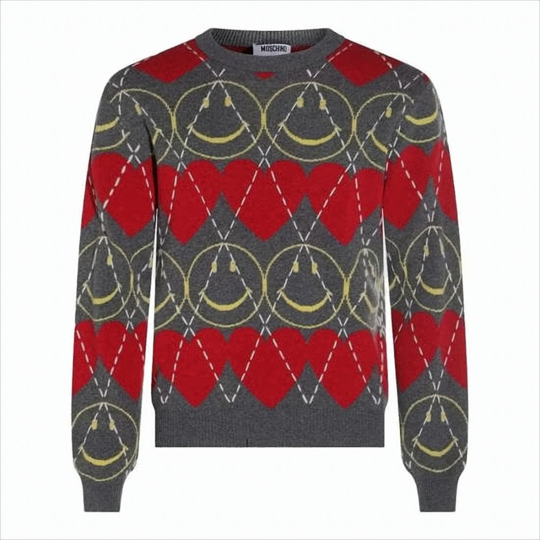 Moschino Grey Argyle Pattern Sweater With Playful Motifs