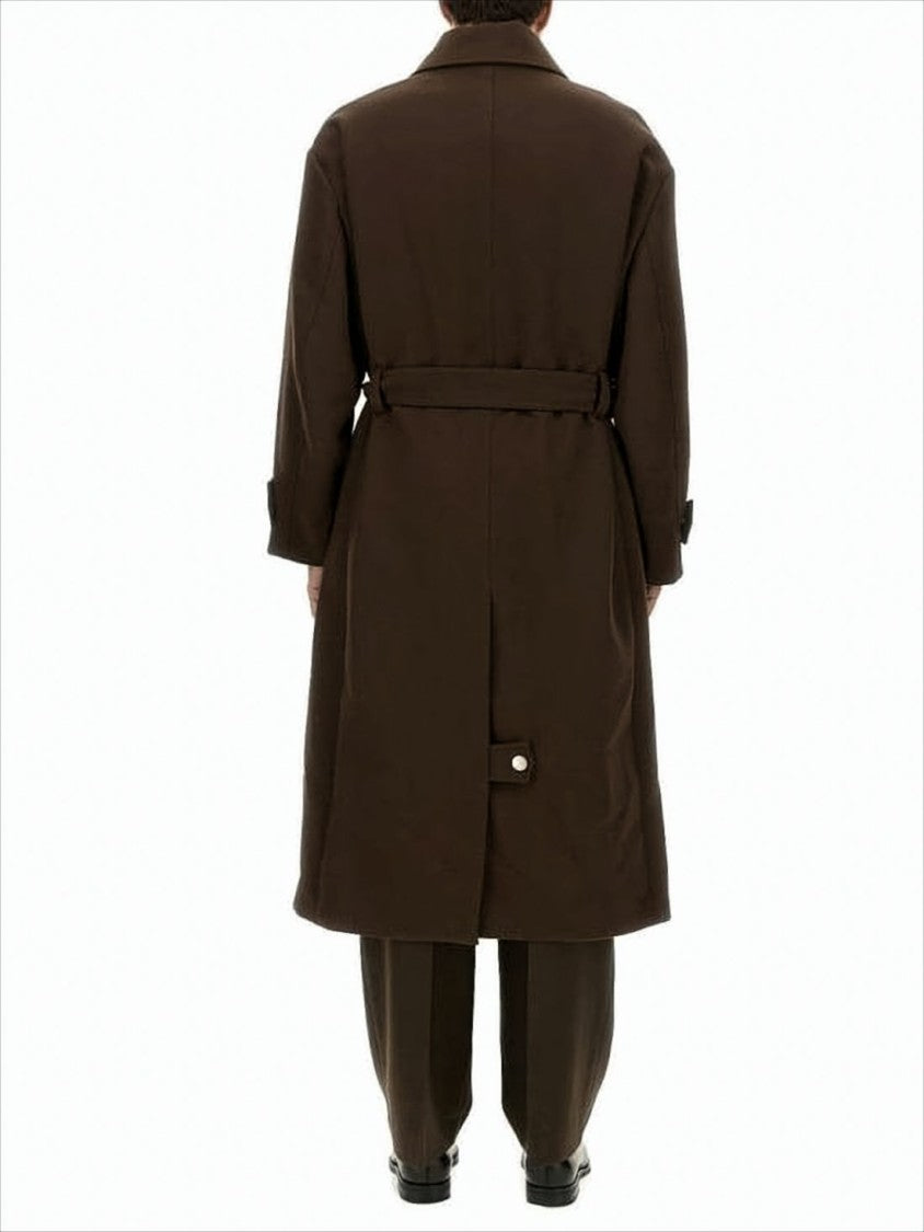Ami Structured Long Coat With Classic Collar And Belted Waist
