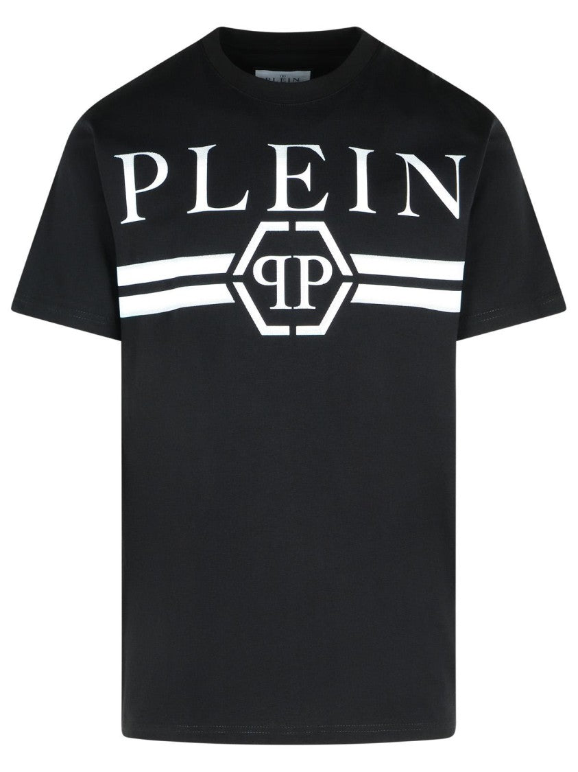 Philipp Plein Crew Neck Black T-Shirt With Bold Front Print And Logo Patch
