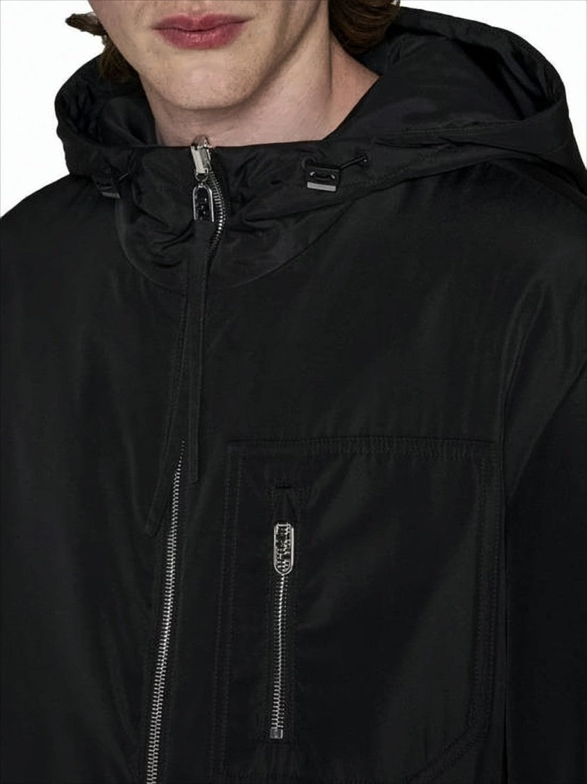 Fendi Hooded Black Jacket With Tonal Pattern
