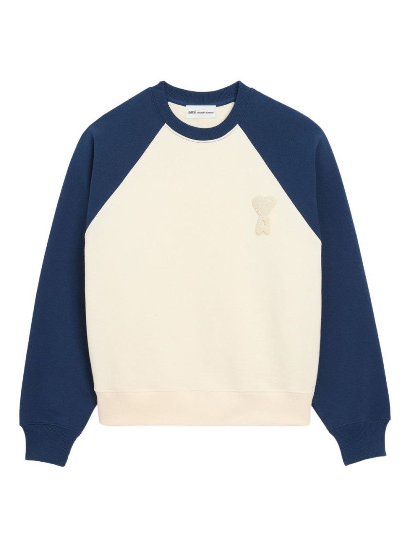 Ami Paris Cream And Blue Two-Tone Knitted Crew Neck Sweater