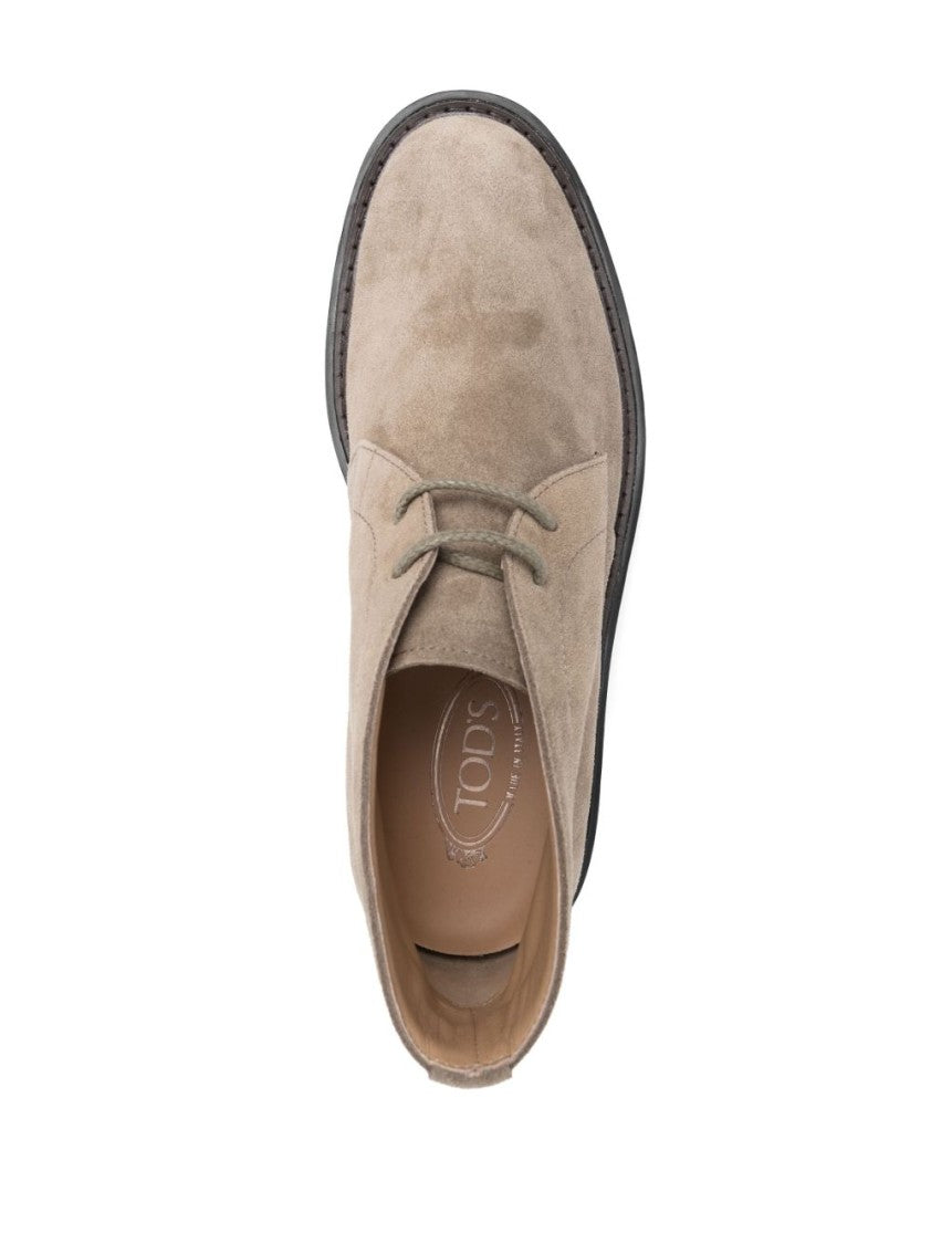 Tod's Beige Calf Suede Lace-Up Flat Shoes With Low Block Heel