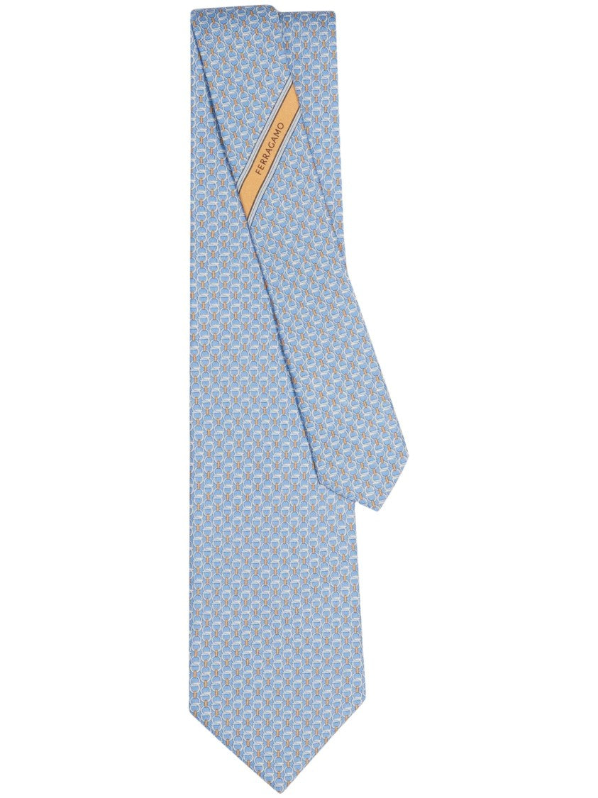 Ferragamo Geometric Pattern Necktie In Light Blue And Orange Tones