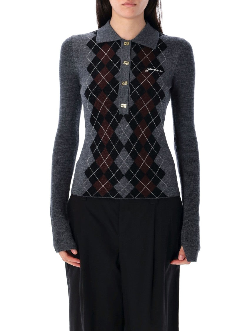 Ganni Slim-Fit Knitted Polo Shirt With Check Pattern