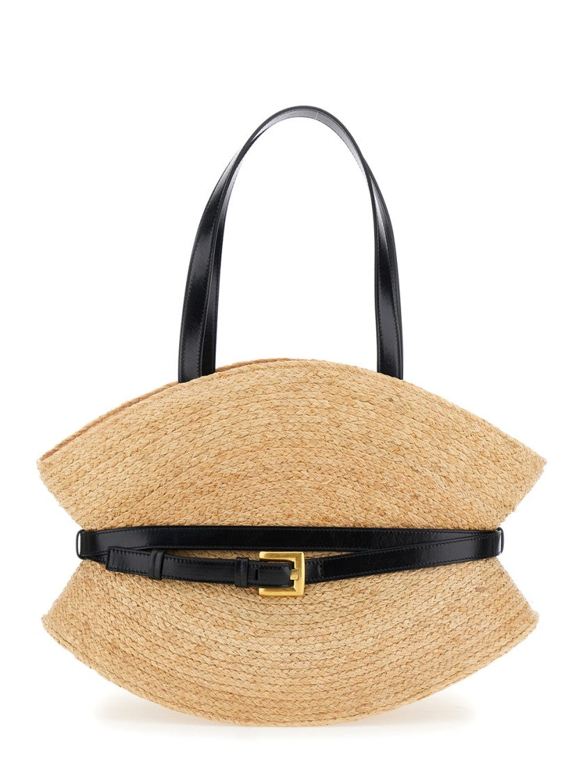 Balmain Medium Raffia And Calfskin Sculptural Bag