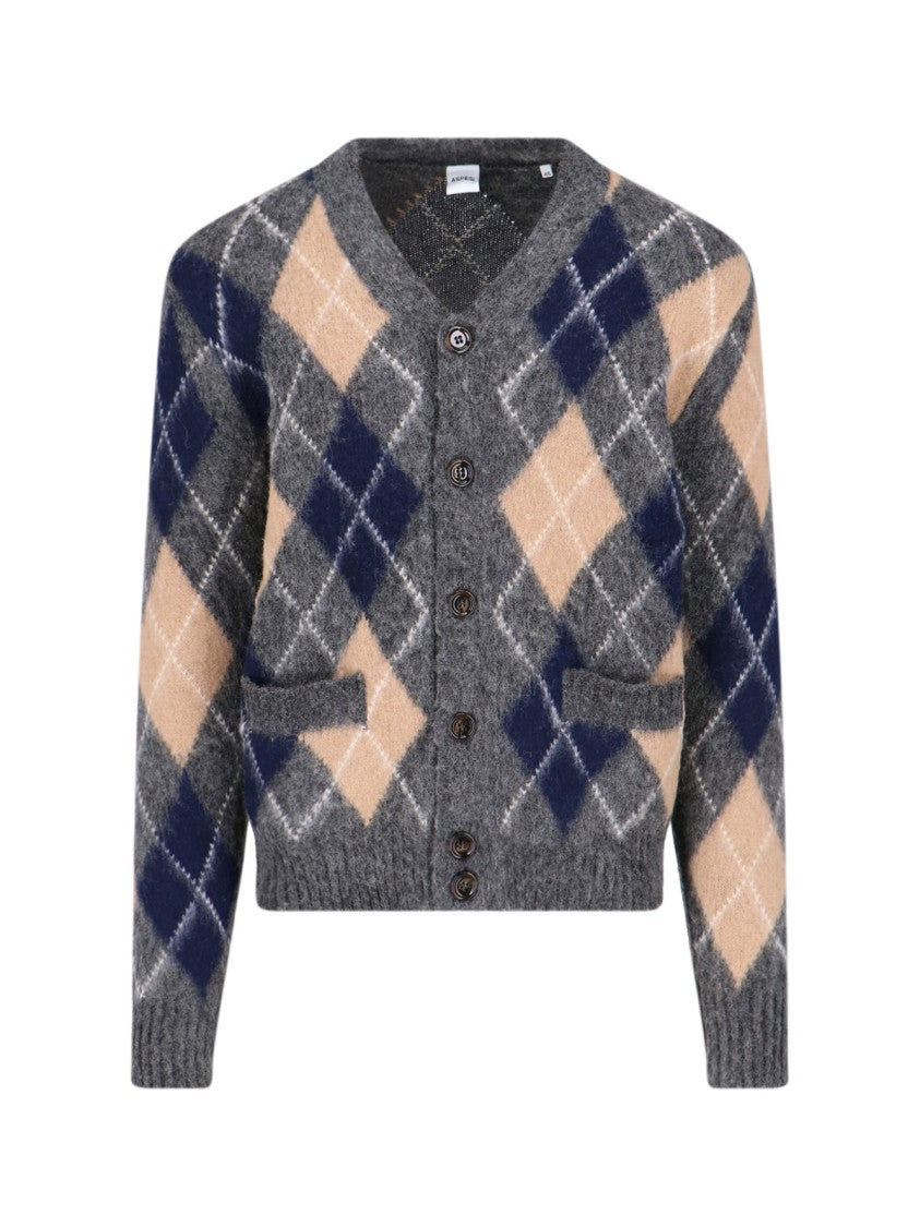 Aspesi Shetland Wool Cardigan – Grey Argyle