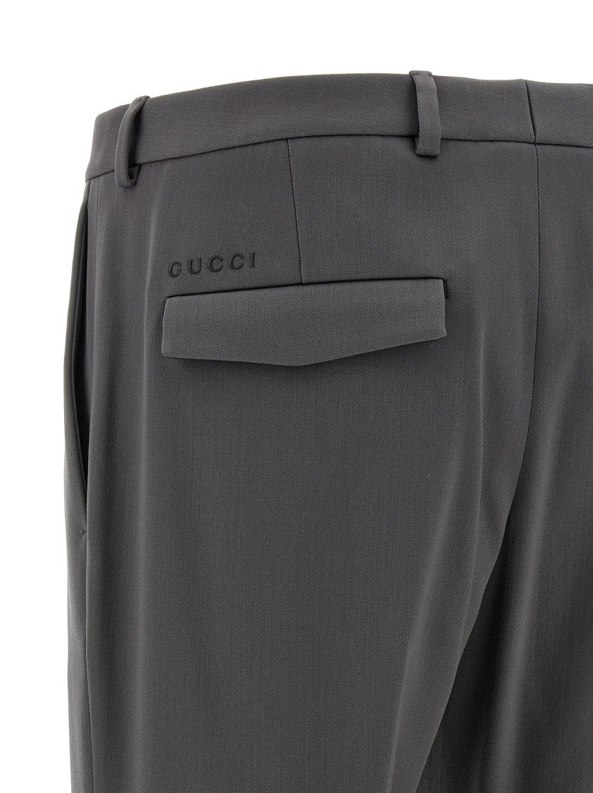 Gucci Heavy Wool Satin Tailored Trousers With Subtle Logo Embroidery