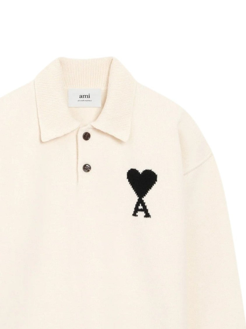 Ami Paris Creamy Off-White Knit Sweater With Classic Polo Collar