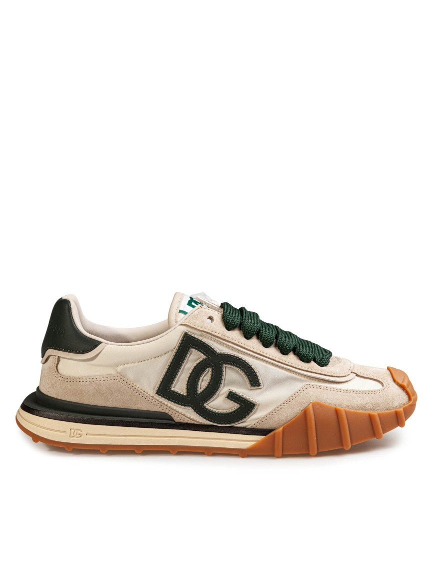 Dolce & Gabbana Ivory & Bottle Green Athletic Fabric Sneakers