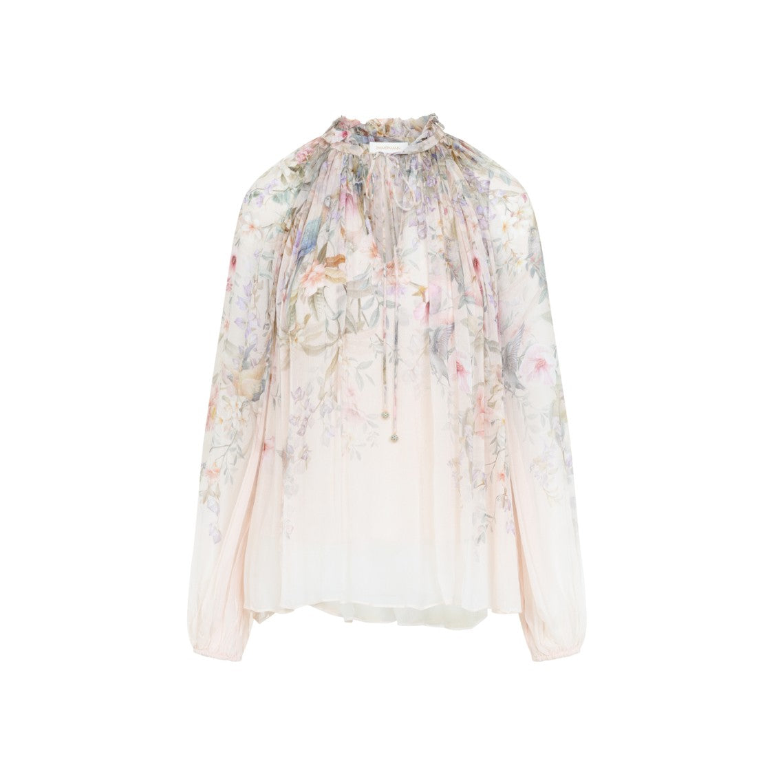 Zimmermann Sheer Floral Print Blouse With Ruffled Neckline