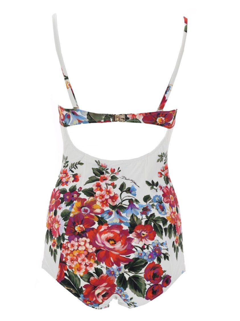 Dolce & Gabbana White Floral Print Underwire Cups One-Piece Swimsuit