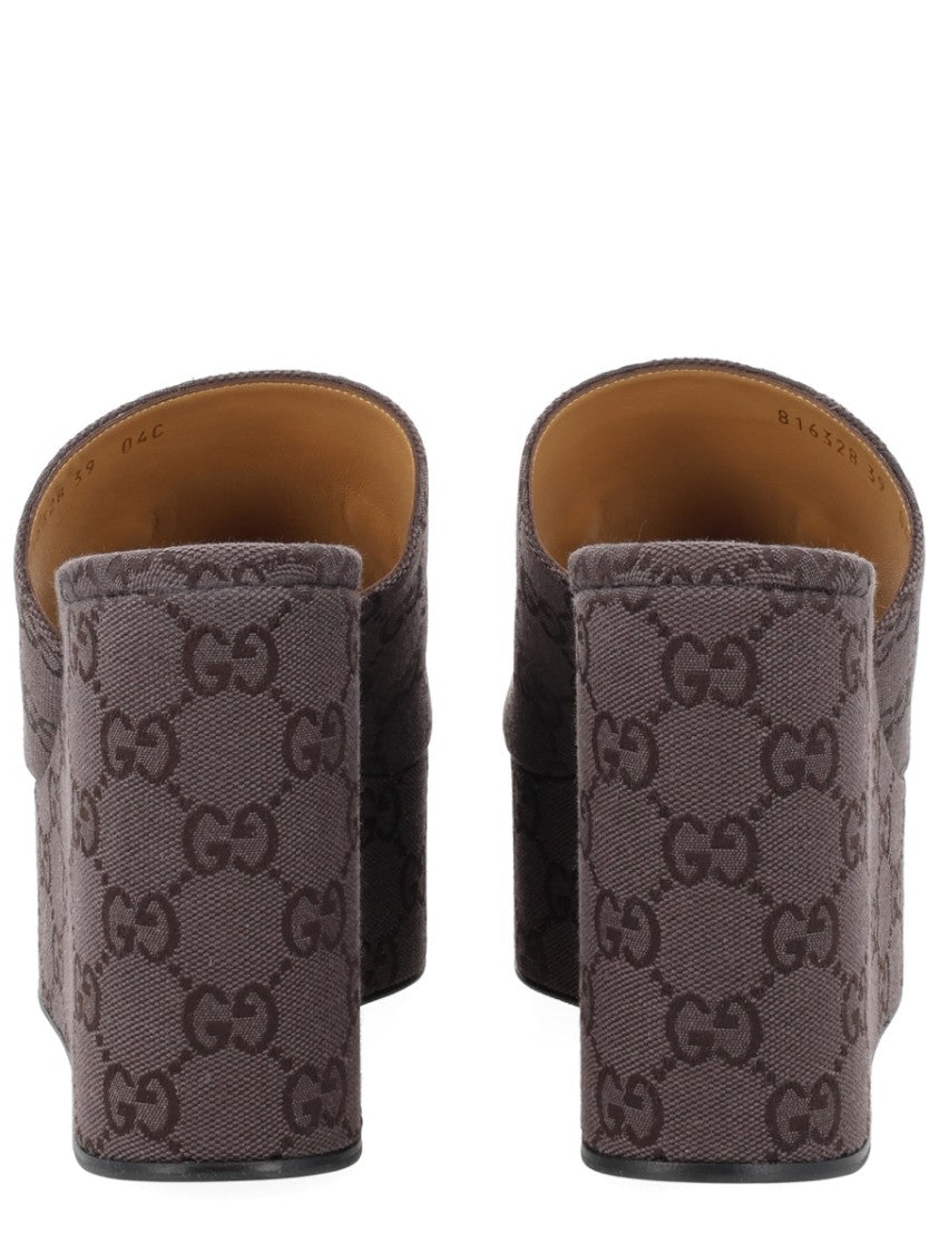 Gucci Gg Monogram Horsebit Fabric Wedge Sandals