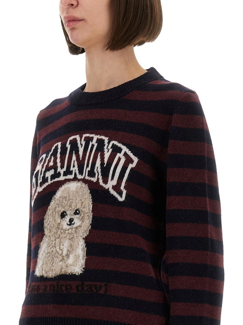 Ganni Striped Knit Sweater With Playful Dog Graphic