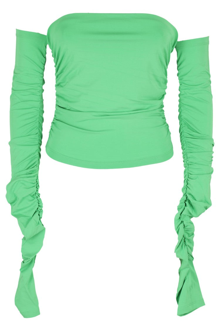 The Andamane Off-Shoulder Green Draped Top With Long Sleeves
