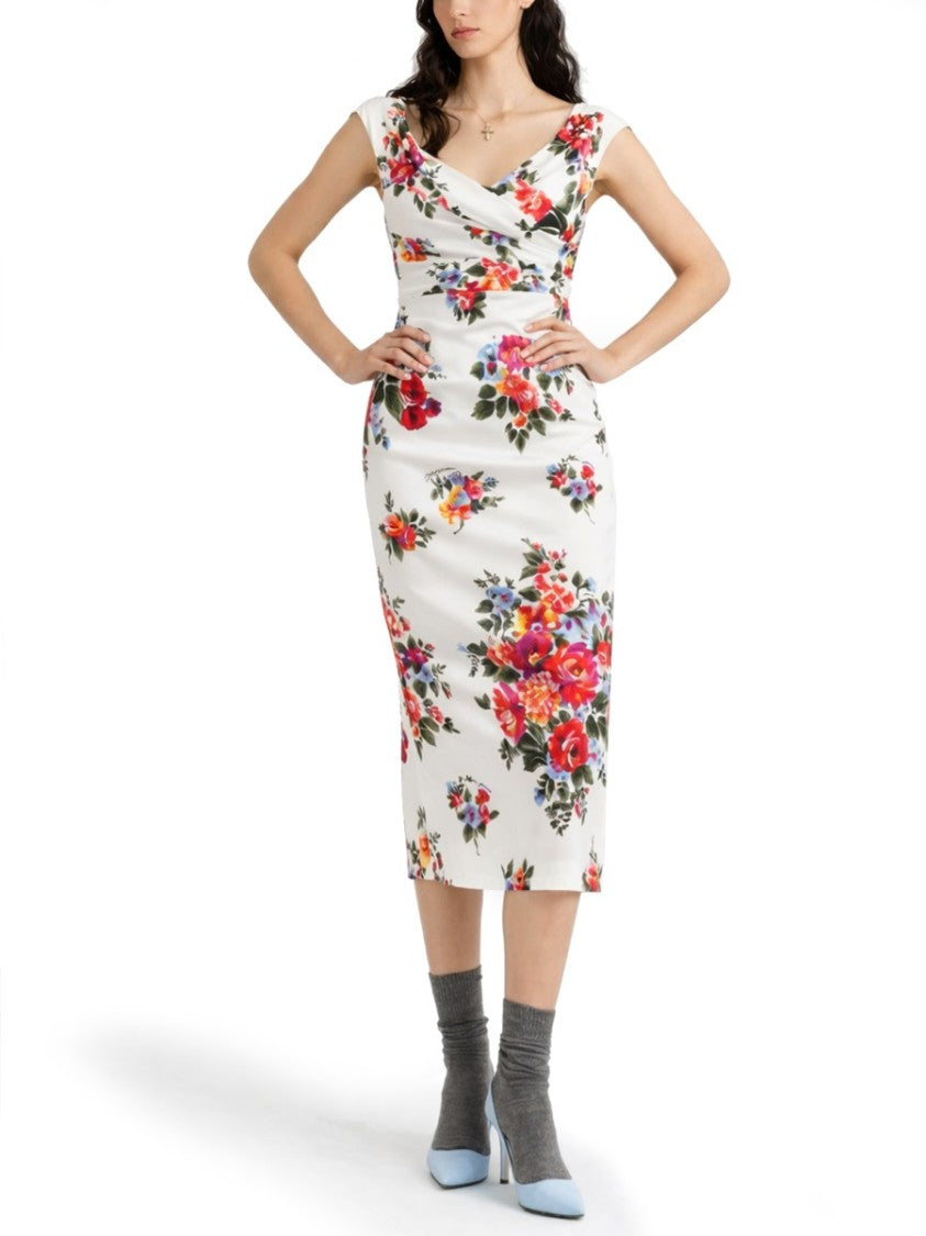 Dolce & Gabbana White Floral Cap Sleeves Midi Dress