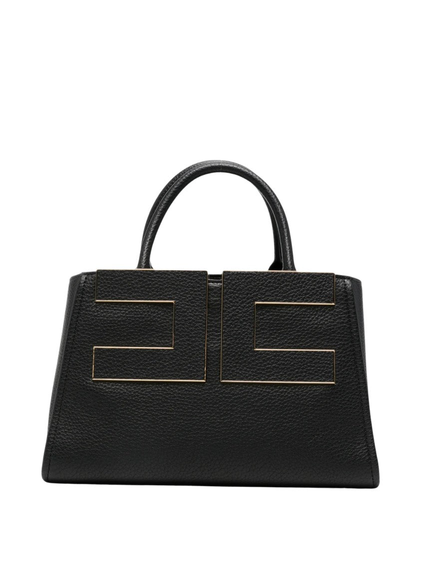 Elisabetta Franchi Trapezoidal Black Leather Gold-Logo Handbag