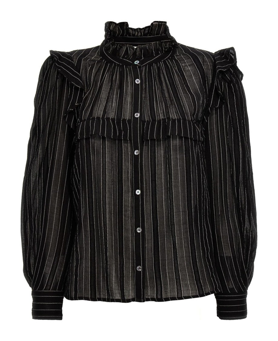 Isabel Marant Vertical Pinstripe Long-Sleeve Shirt With High Ruffled Collar