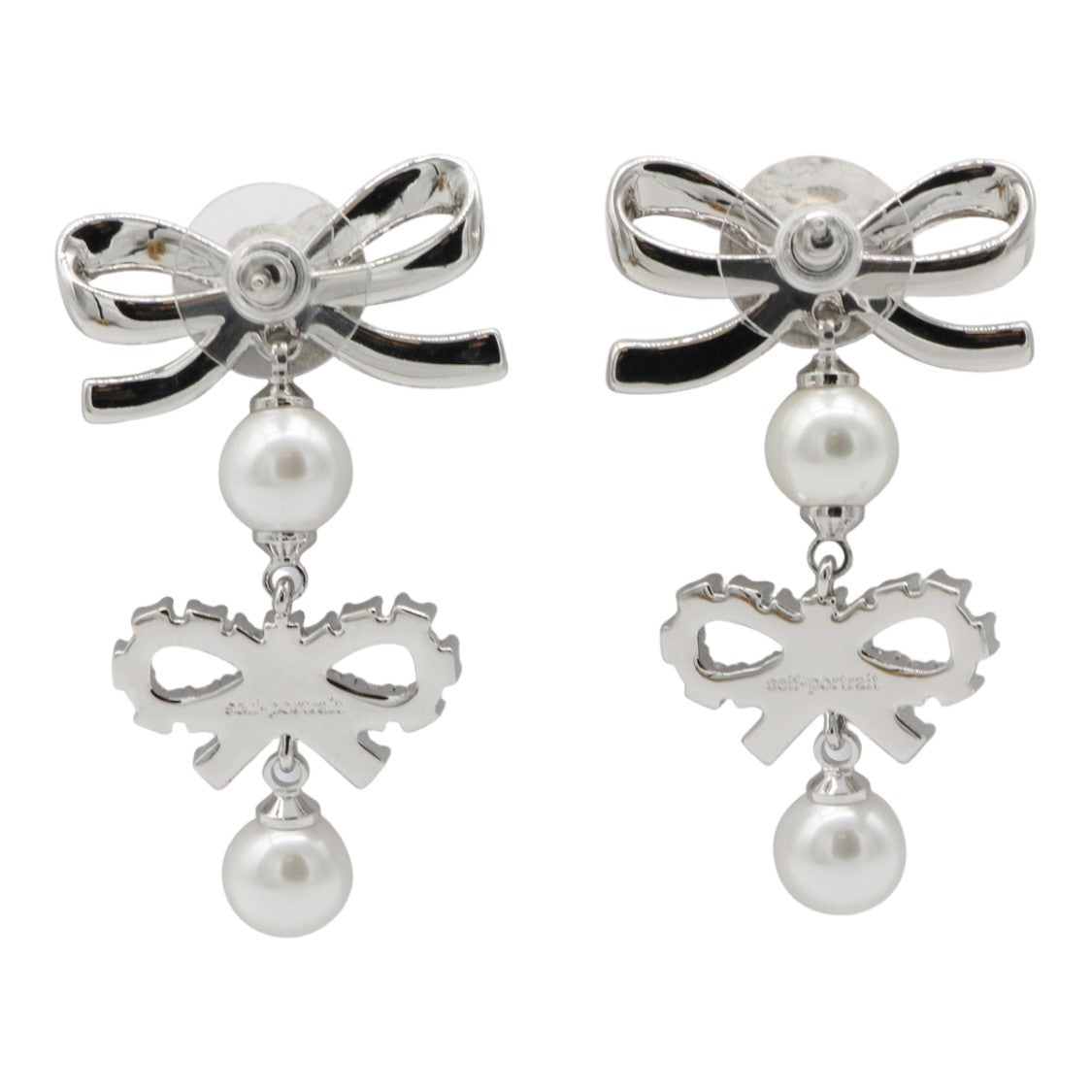 Self-Portrait Crystal Pearl Drop Bow Silver Earrings